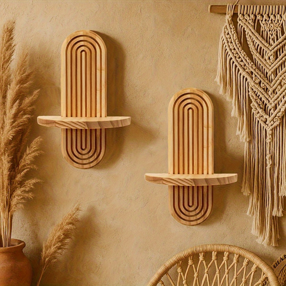 2pcs Bohemian Wooden Wall Shelves - Minimalist Scandinavian Style Floating Shelves with Natural Wood Finish