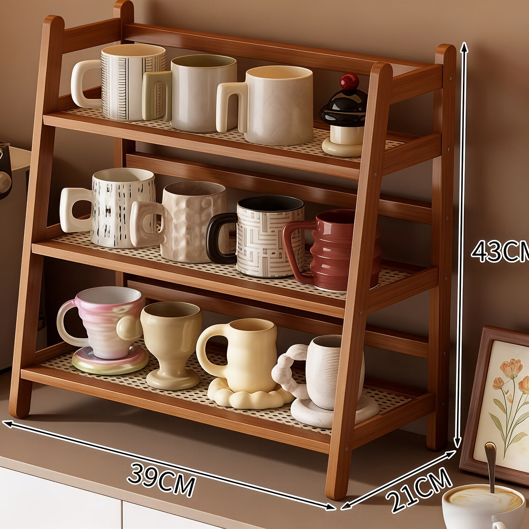 2\u002F3Tier Bamboo Countertop Organizer, Vintage Cream&Bohemian Style Trapezoidal Storage Rack