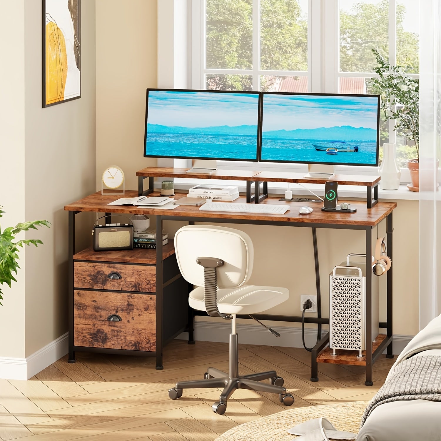 47-inch Computer Desk with Power Outlets & File Cabinet