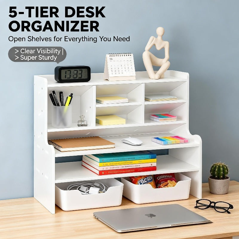6-Tier Desktop Organizer with Tilting Pen Holder & Raised Bookshelf - Heavy-Duty PVC
