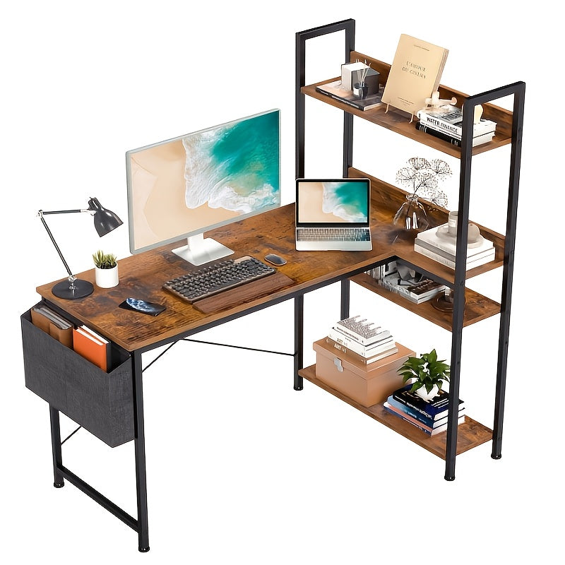 47 Inch Computer L Shaped Desk with Shelves | Reversible L-Shaped Corner Desks with Storage Monitor Stand