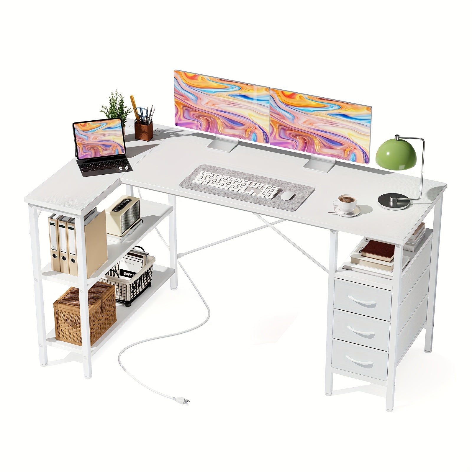 3 Cloth Drawer L-shaped Corner Desk with Power Supply Home Office
