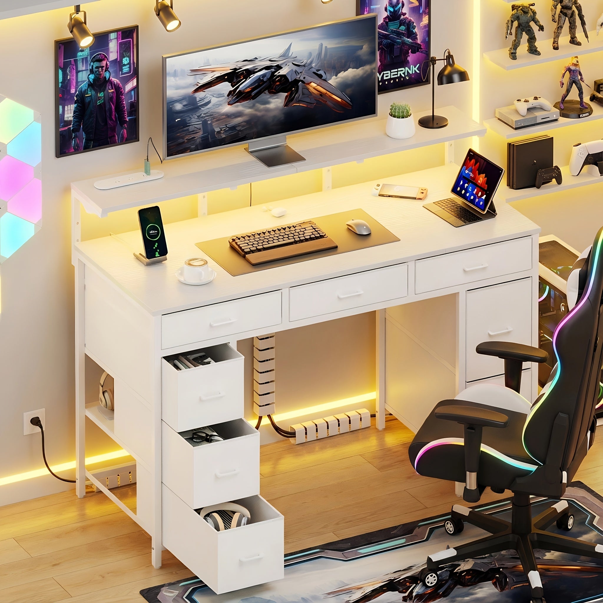 47-inch Modern Computer Desk with 8-Drawer Storage, Gaming Desk w