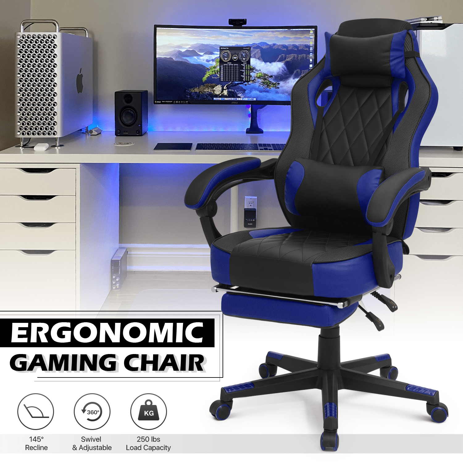 Ergonomic Gaming Chair with Retractable Footrest & Detachable Lumbar Support 360