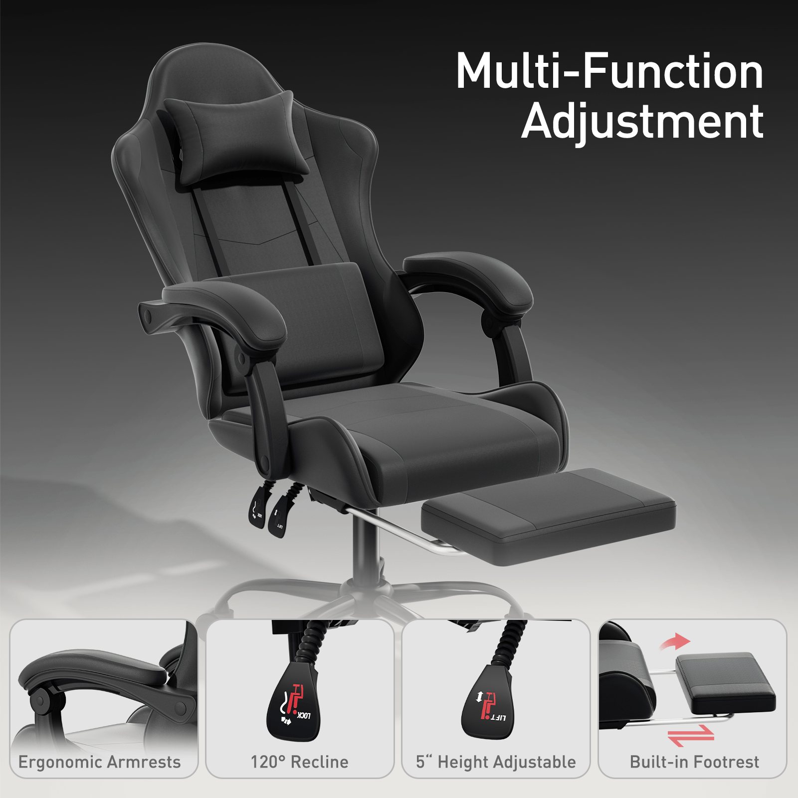 Ergonomic Gaming Chair with Retractable Footrest & Detachable Lumbar Support 360