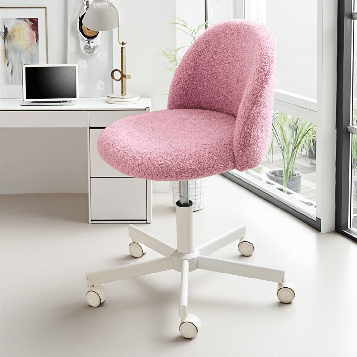 1pc Teddy Flannel Adjustable Rolling Swivel Chair | Comfy Small Office Chair with Wheels