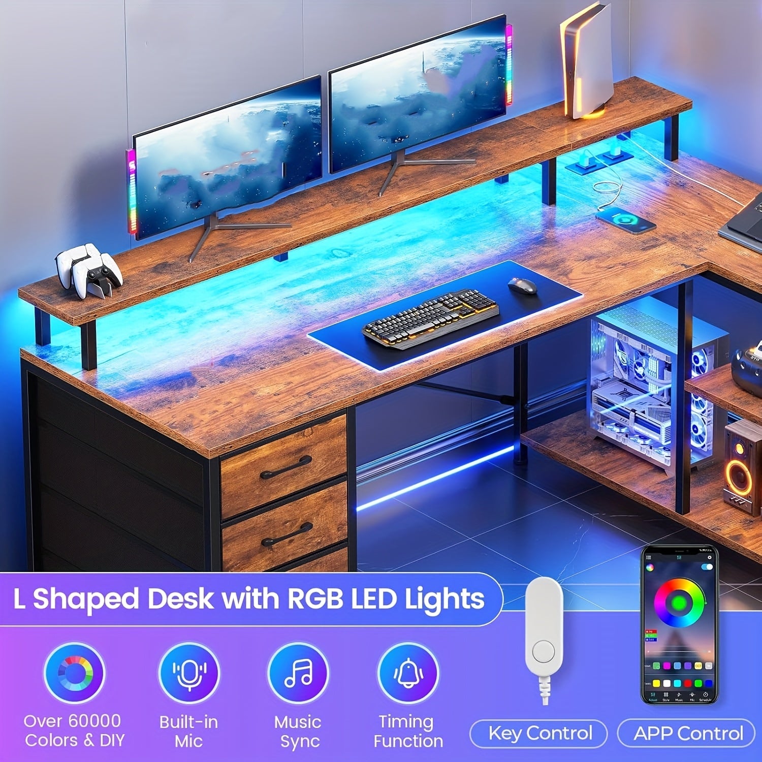 L-Shaped Workstation Featuring Four Drawers, Storage Shelves, And LED Lighting, Suitable for a Home Office