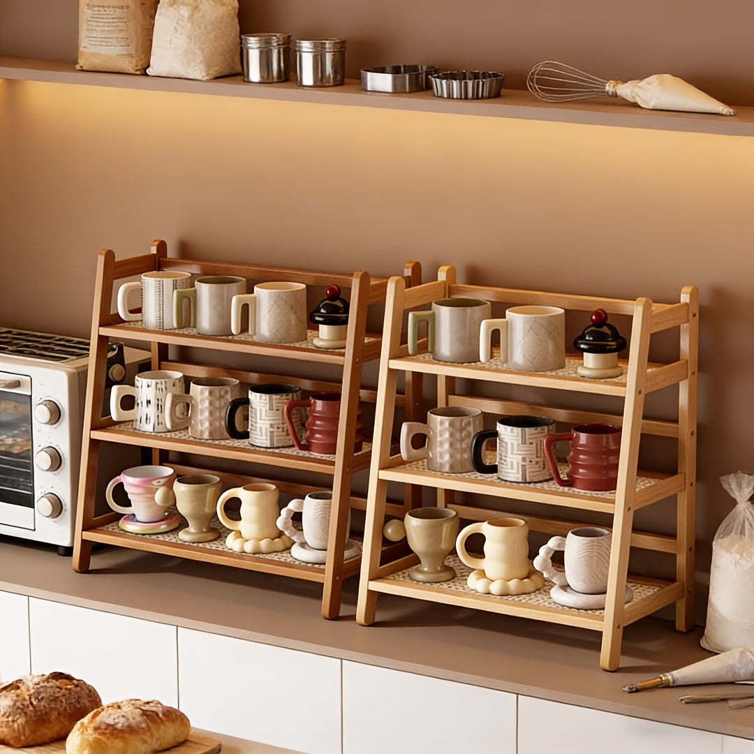 2\u002F3Tier Bamboo Countertop Organizer, Vintage Cream&Bohemian Style Trapezoidal Storage Rack