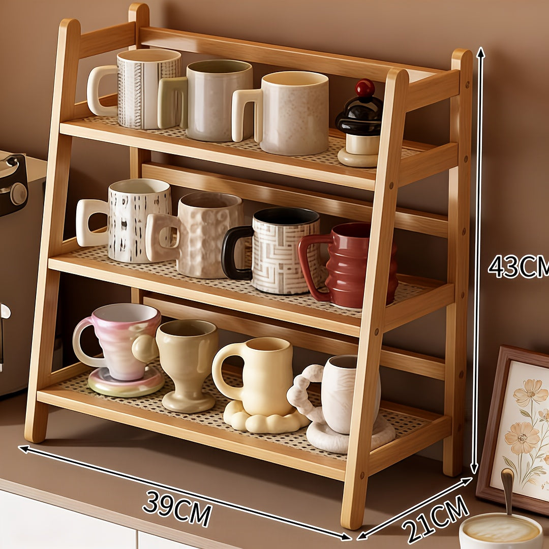 2\u002F3Tier Bamboo Countertop Organizer, Vintage Cream&Bohemian Style Trapezoidal Storage Rack