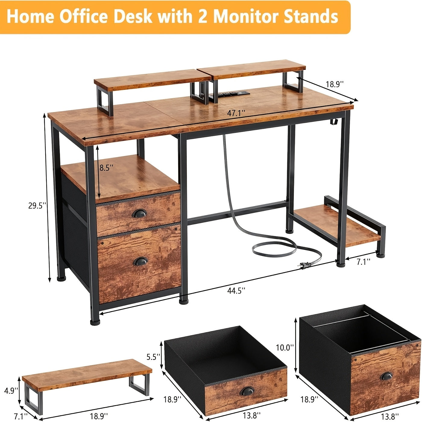 47-inch Computer Desk with Power Outlets & File Cabinet