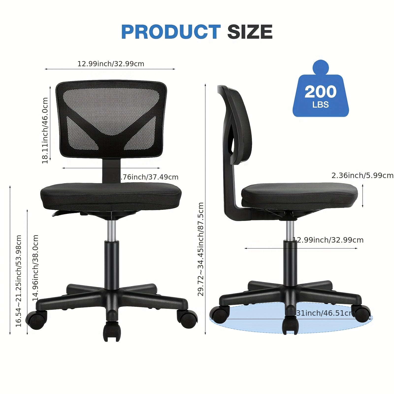 Armless Office Chair, Swivel Rolling Armless Computer Chair with Lumbar Support - Perfect for Home Office