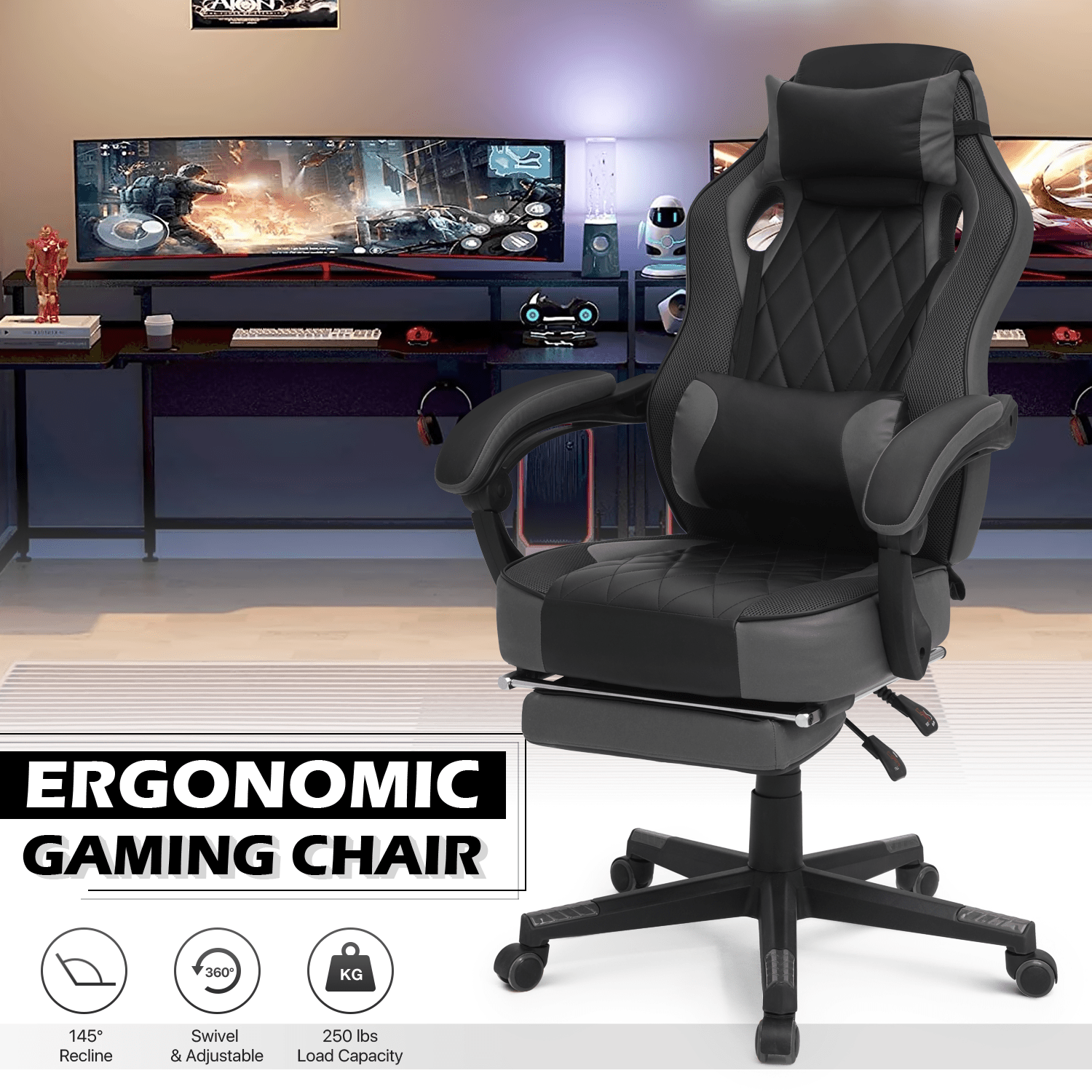 Ergonomic Gaming Chair with Retractable Footrest & Detachable Lumbar Support 360