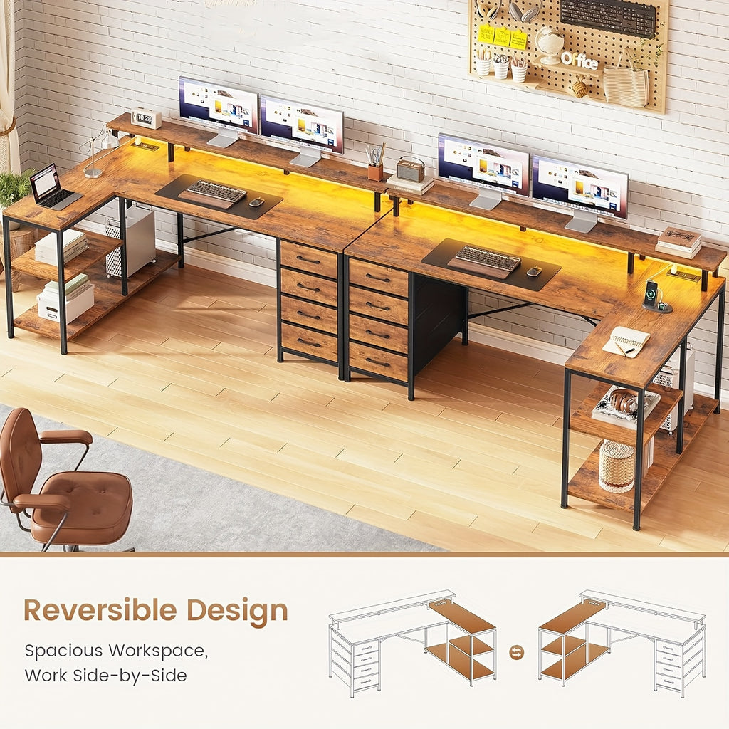 L-Shaped Workstation Featuring Four Drawers, Storage Shelves, And LED Lighting, Suitable for a Home Office