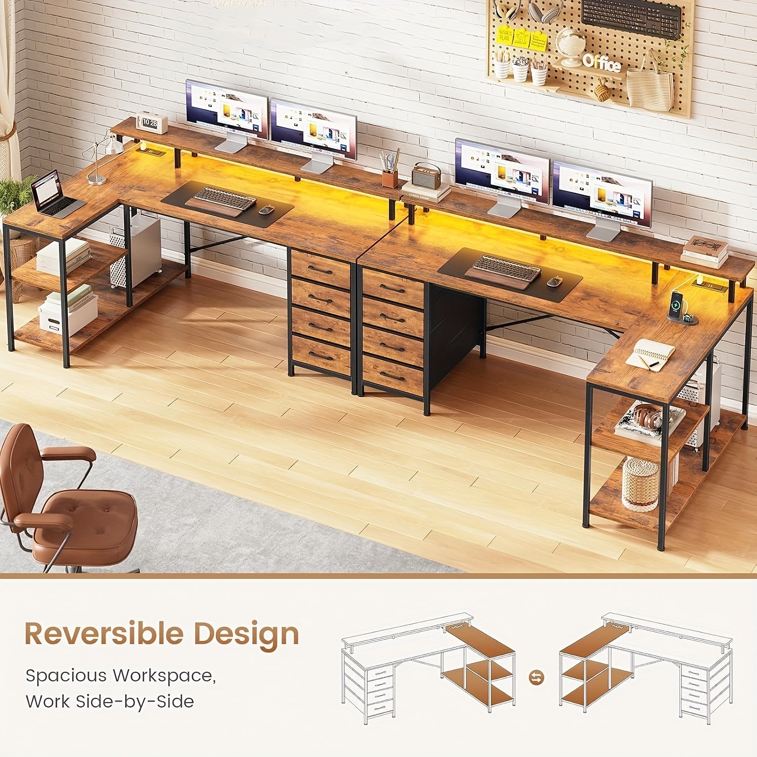 L-Shaped Workstation Featuring Four Drawers, Storage Shelves, And LED Lighting, Suitable for a Home Office