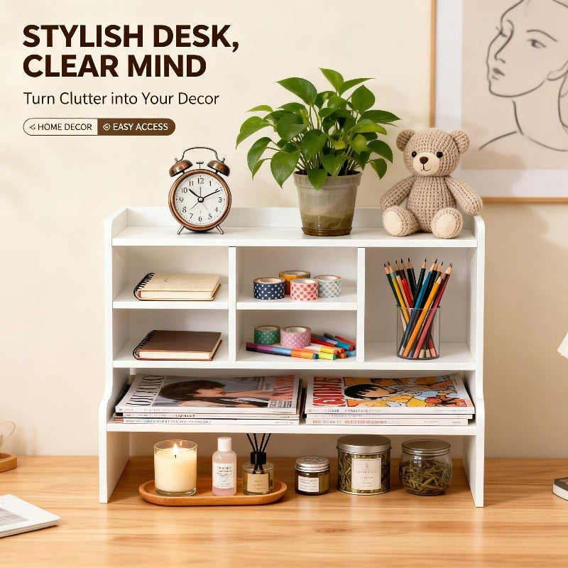 6-Tier Desktop Organizer with Tilting Pen Holder & Raised Bookshelf - Heavy-Duty PVC