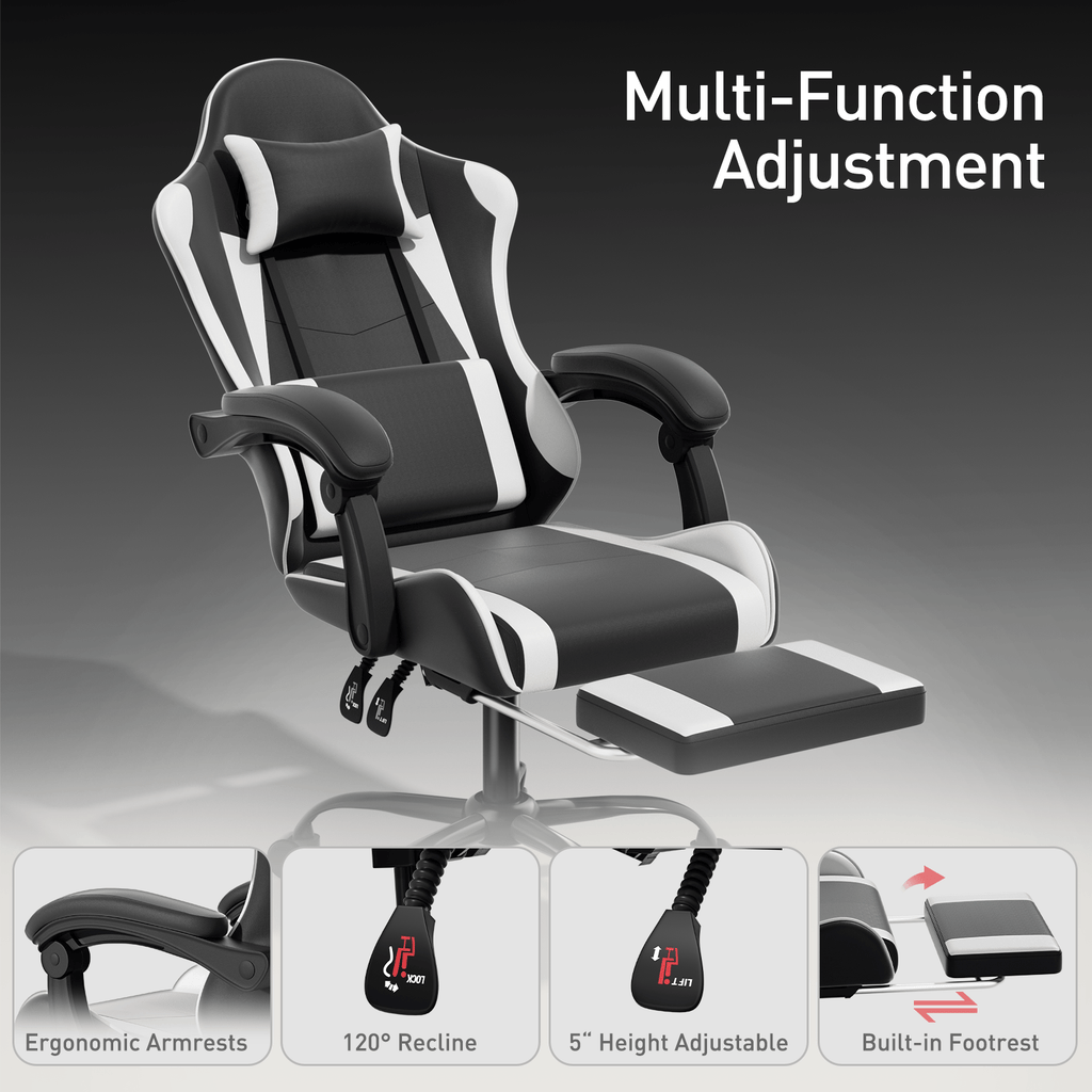 Ergonomic Gaming Chair with Retractable Footrest & Detachable Lumbar Support 360