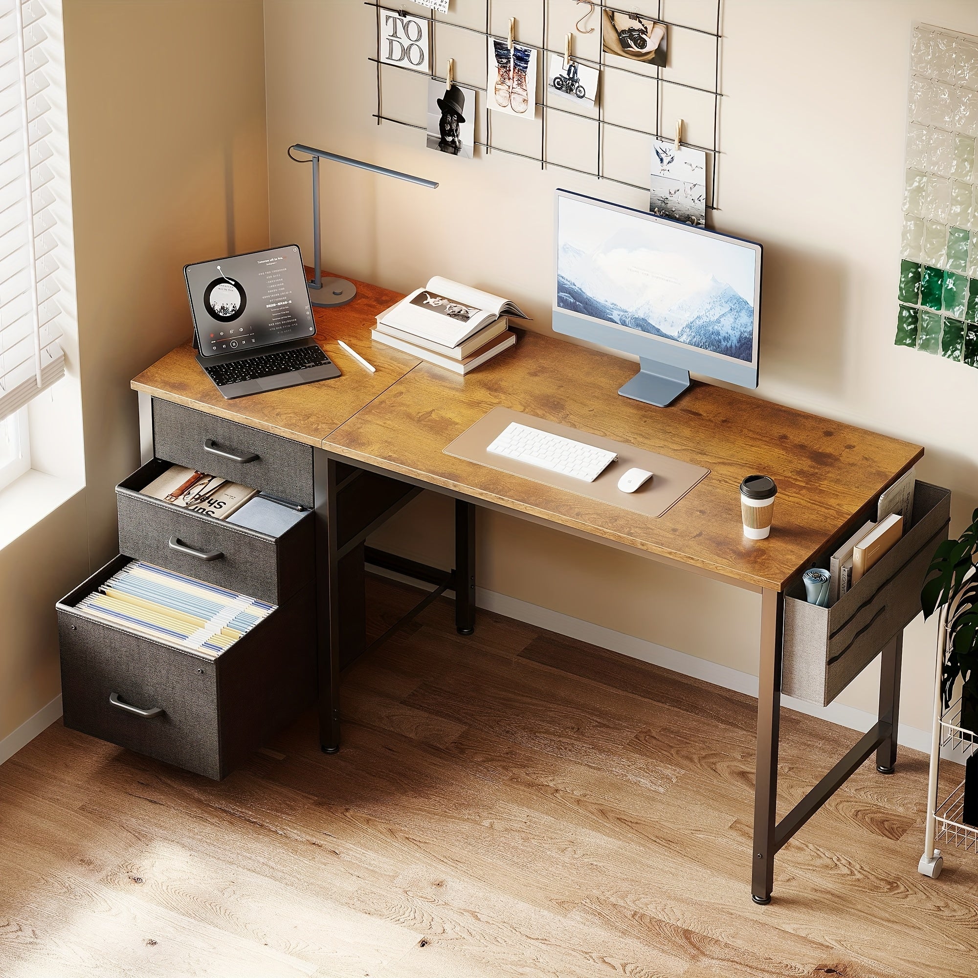 Compact Home Office Desk Featuring 3 Fabric Drawers And a Filing Cabinet