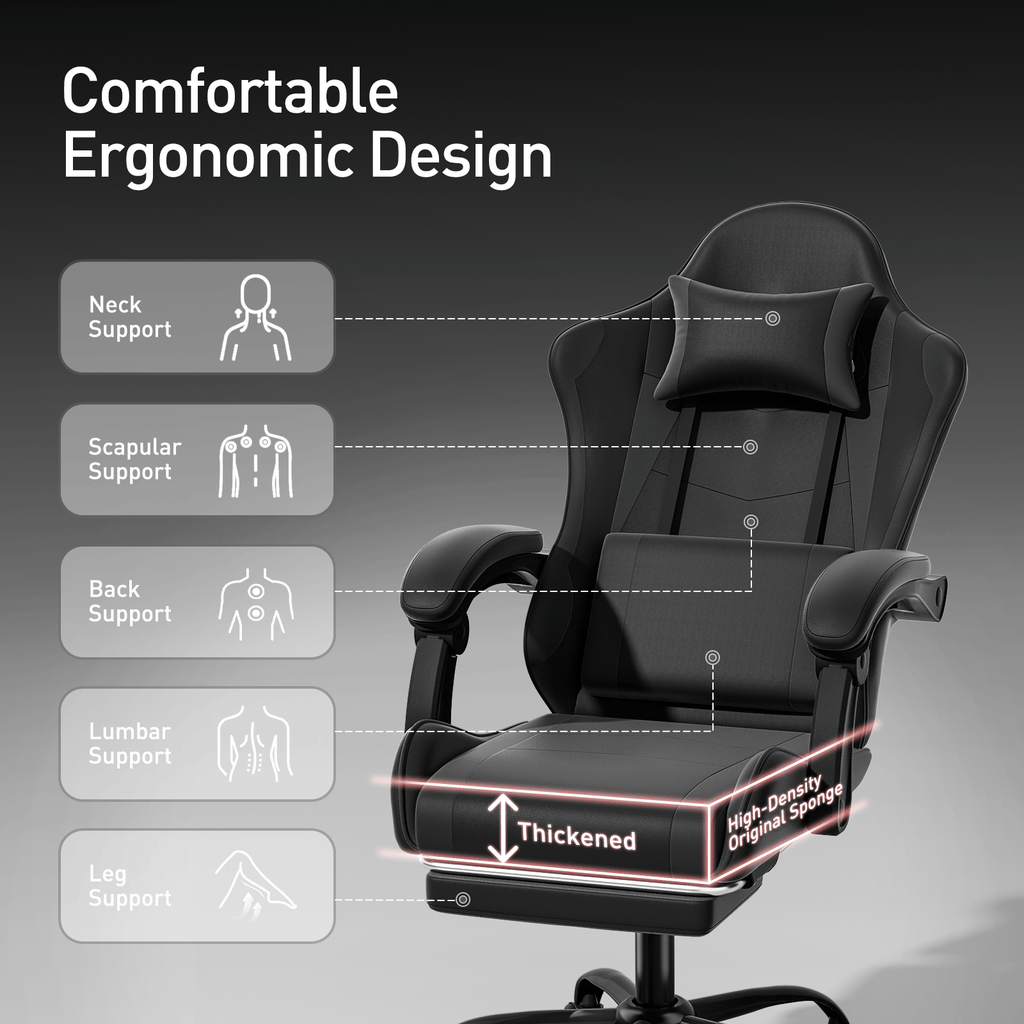 Ergonomic Gaming Chair with Retractable Footrest & Detachable Lumbar Support 360