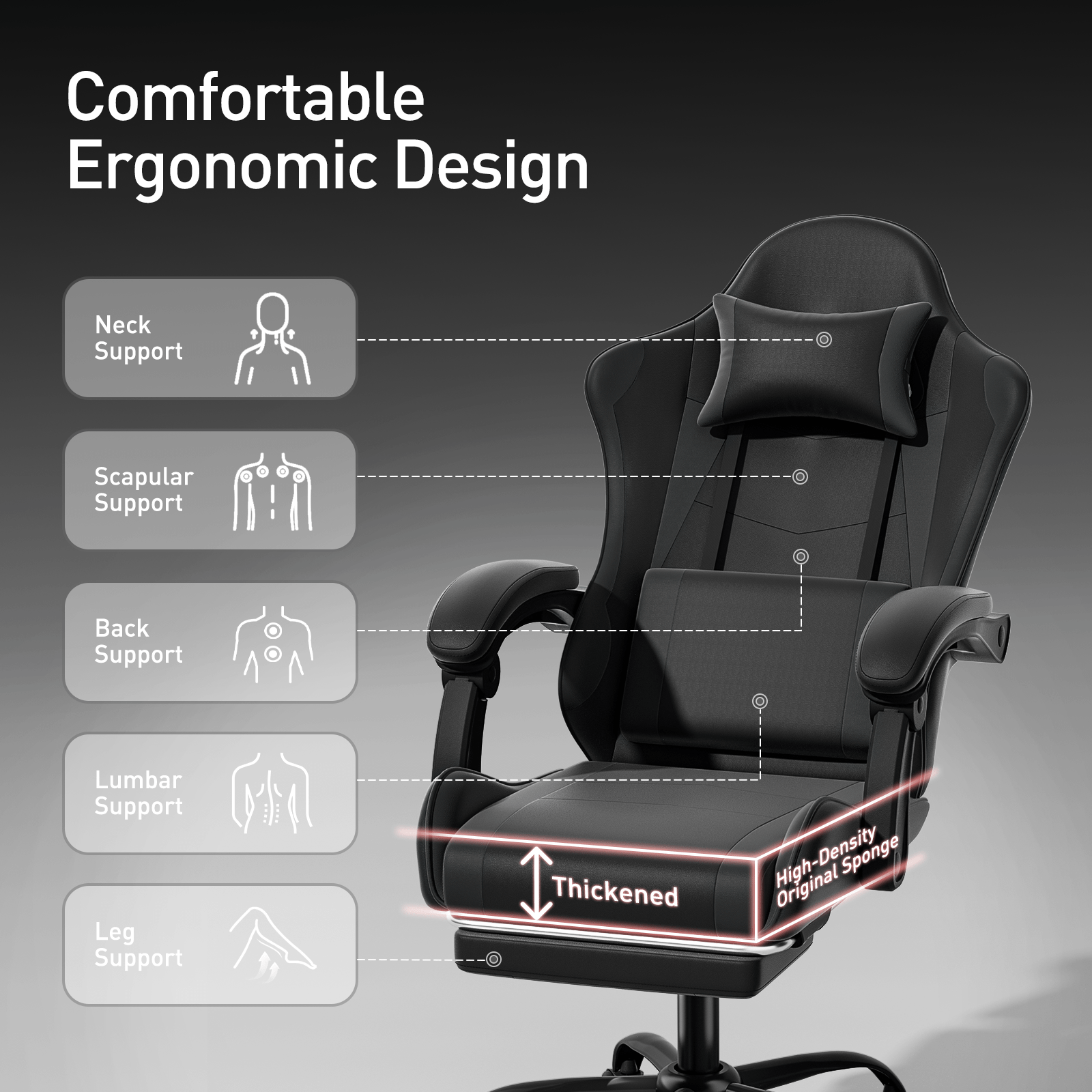 Ergonomic Gaming Chair with Retractable Footrest & Detachable Lumbar Support 360