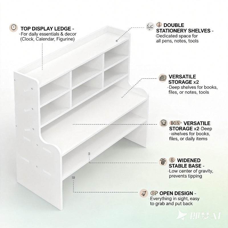 6-Tier Desktop Organizer with Tilting Pen Holder & Raised Bookshelf - Heavy-Duty PVC
