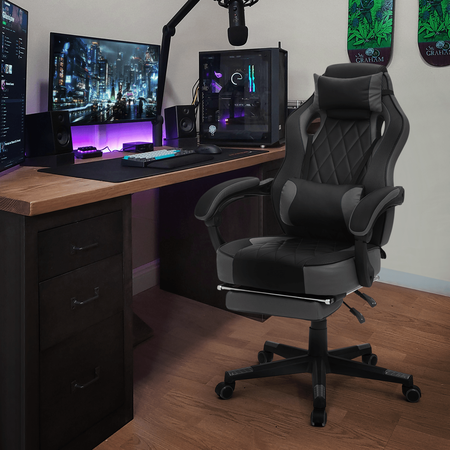 Ergonomic Gaming Chair with Retractable Footrest & Detachable Lumbar Support 360