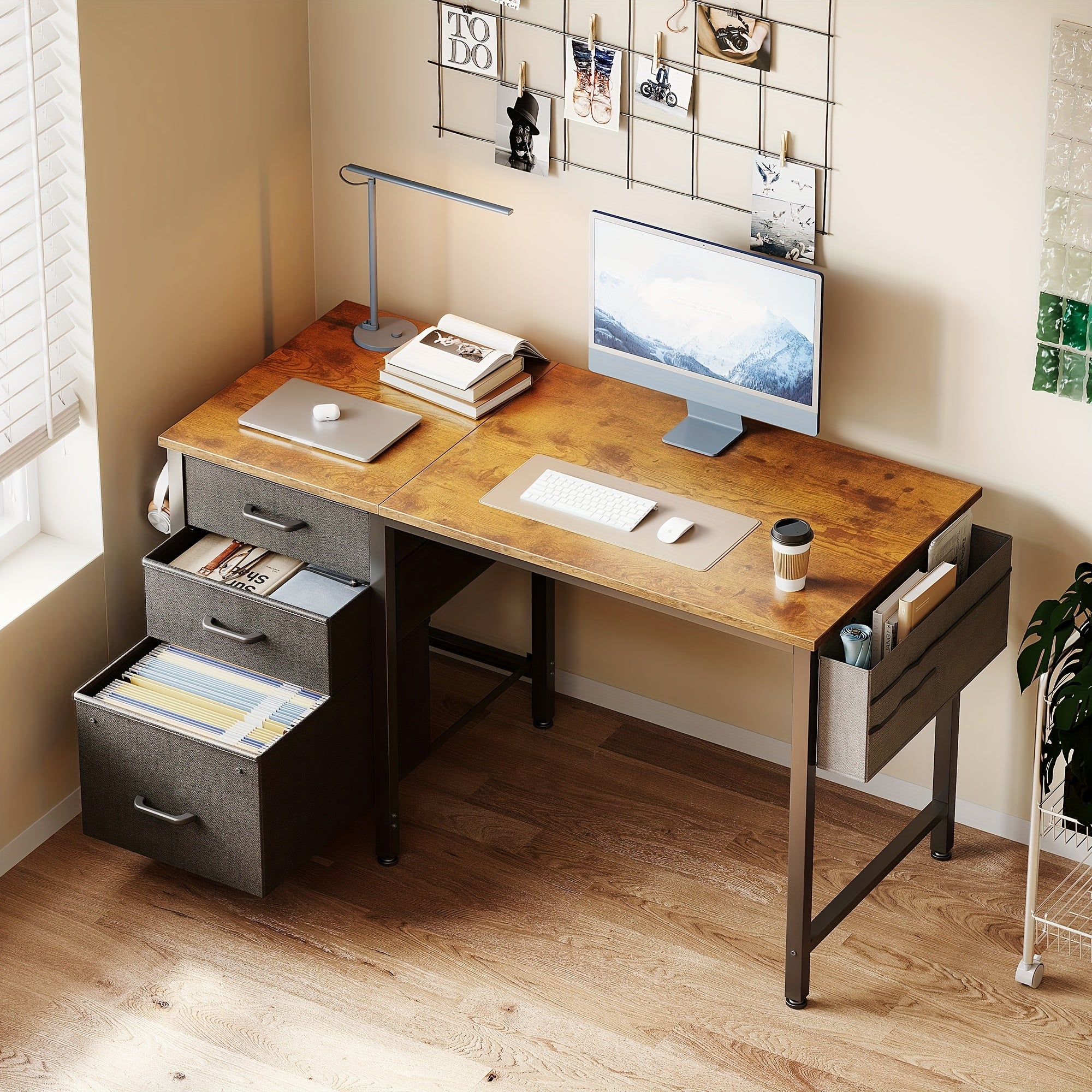 Compact Home Office Desk Featuring 3 Fabric Drawers And a Filing Cabinet