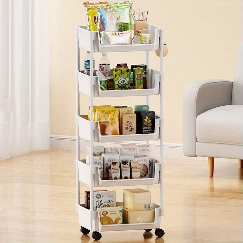 3\u002F4\u002F5-Tier White Rolling Storage Cart with Wheels - Durable Plastic Mobile Organizer Rack