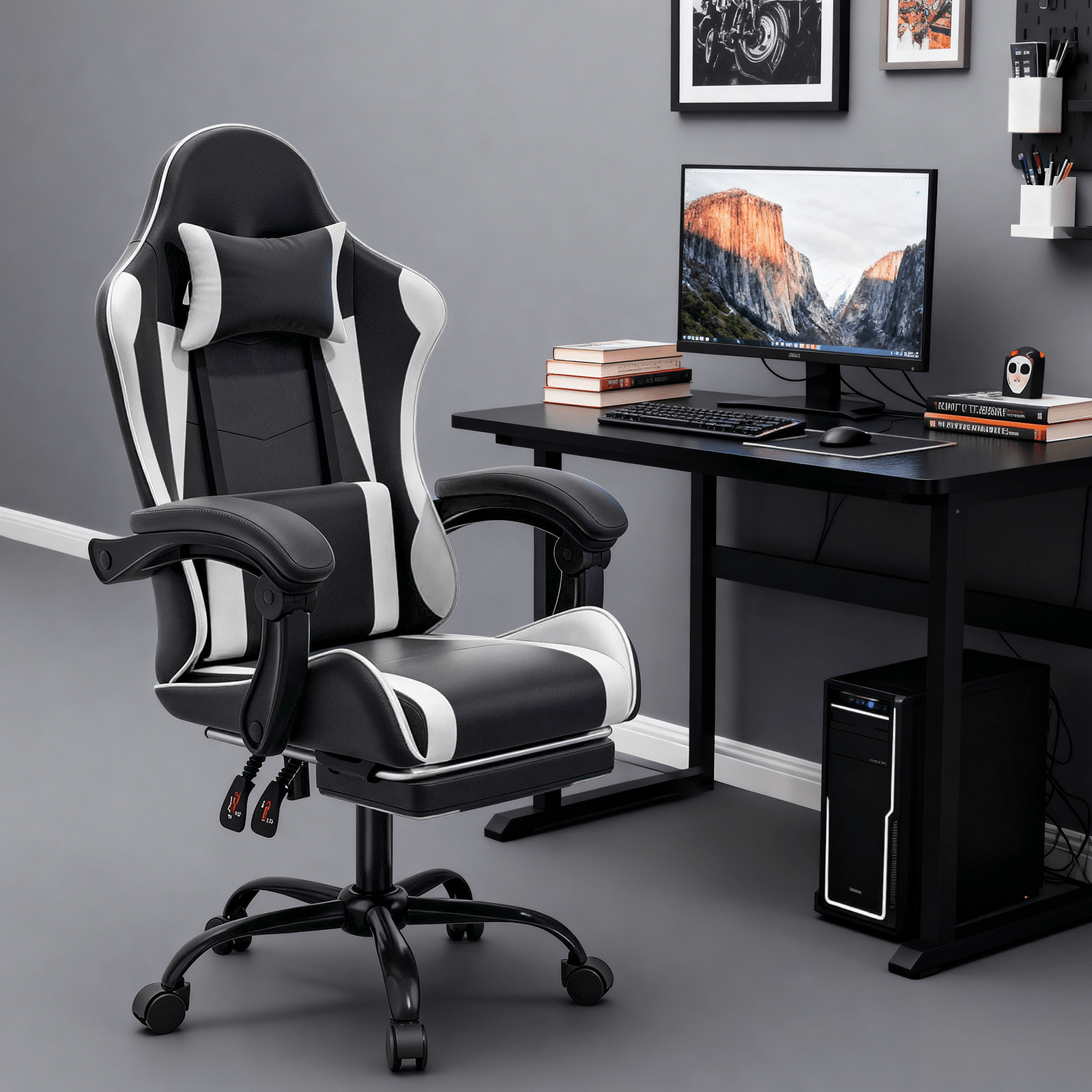 Ergonomic Gaming Chair with Retractable Footrest & Detachable Lumbar Support 360