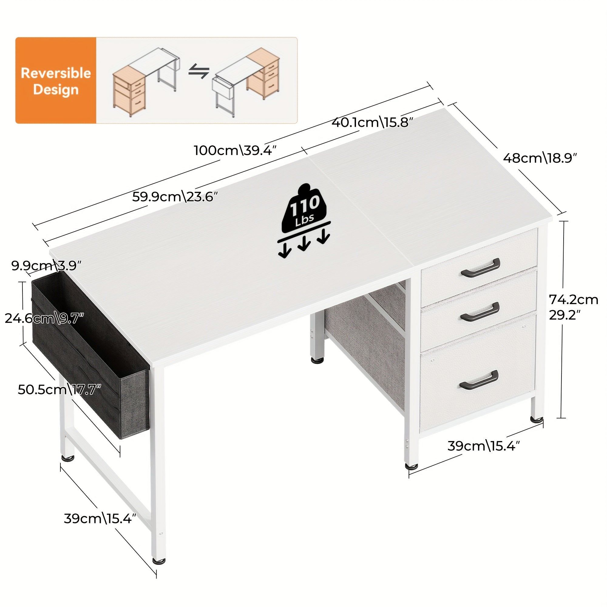 Compact Home Office Desk Featuring 3 Fabric Drawers And a Filing Cabinet