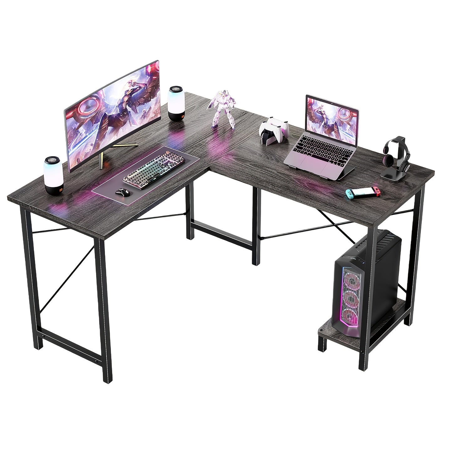 47 Inch Computer L Shaped Desk with Shelves | Reversible L-Shaped Corner Desks with Storage Monitor Stand