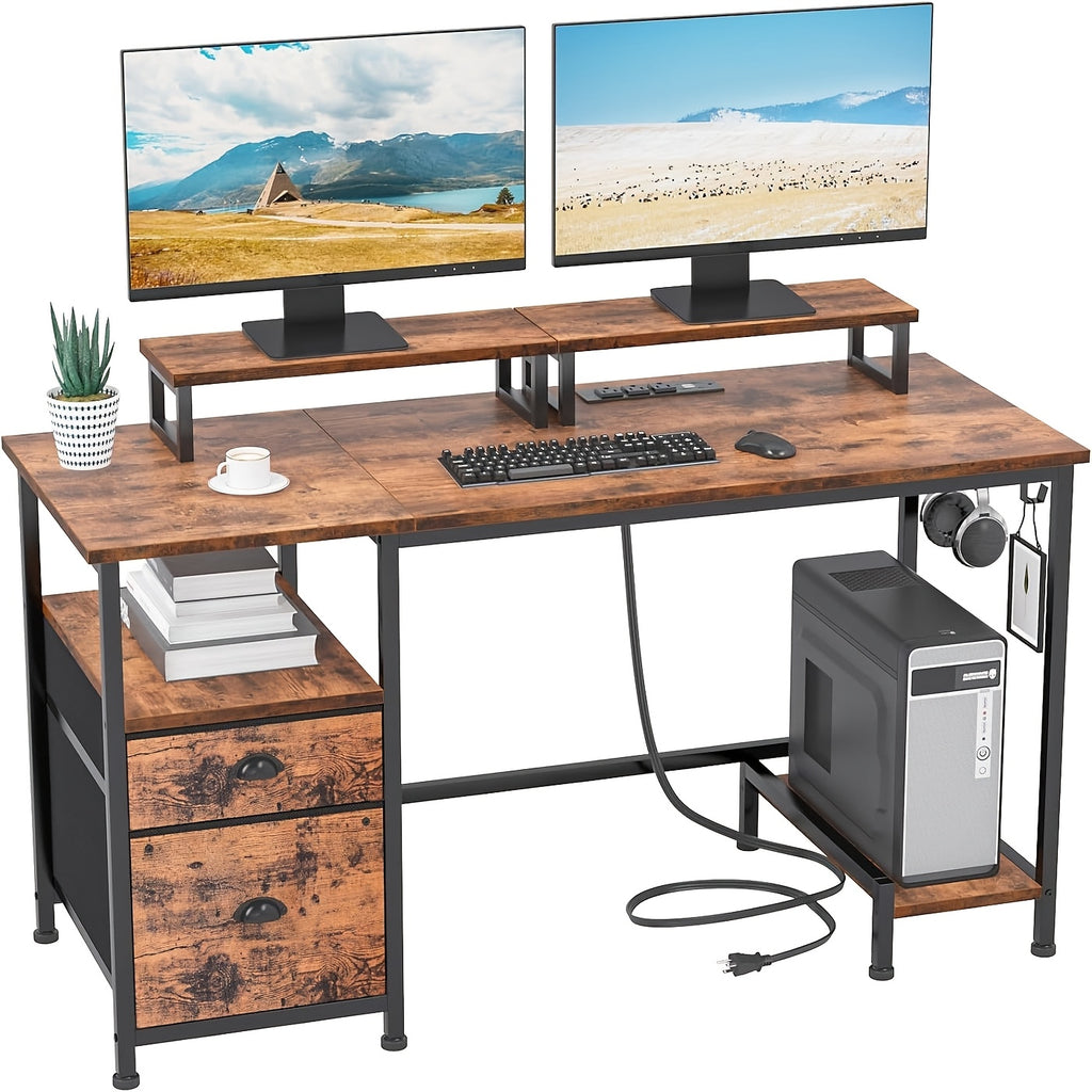 47-inch Computer Desk with Power Outlets & File Cabinet