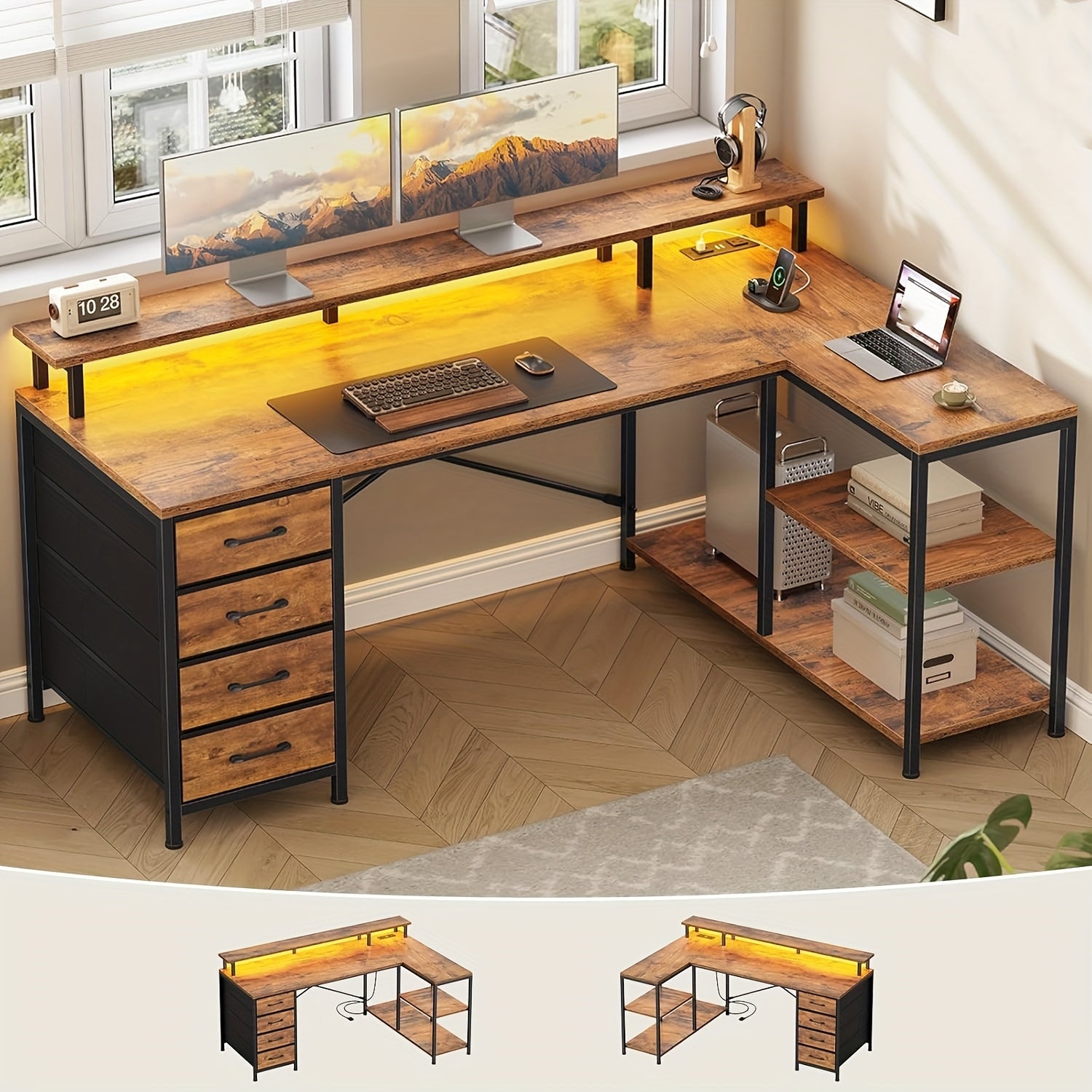 L-Shaped Workstation Featuring Four Drawers, Storage Shelves, And LED Lighting, Suitable for a Home Office