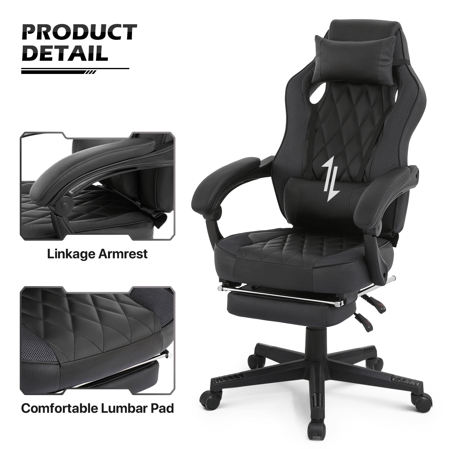 Ergonomic Gaming Chair with Retractable Footrest & Detachable Lumbar Support 360
