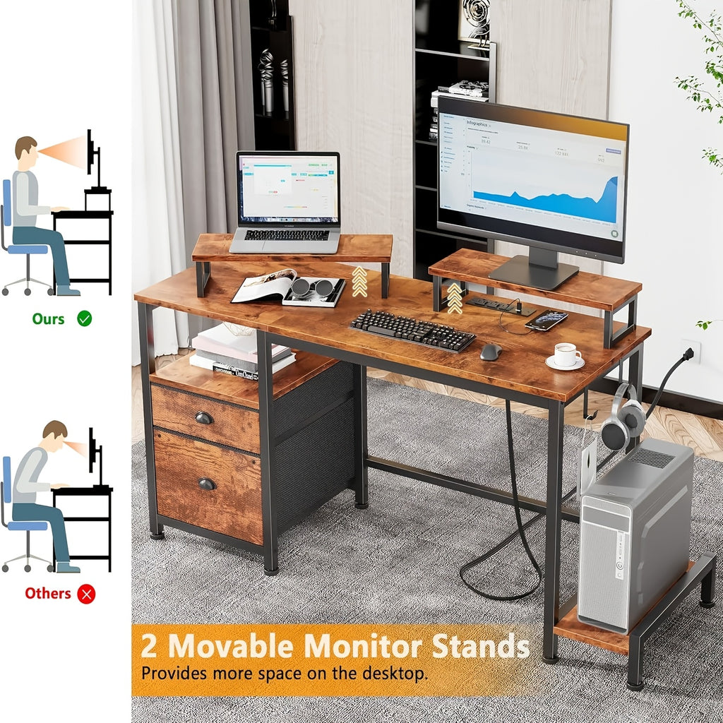 47-inch Computer Desk with Power Outlets & File Cabinet