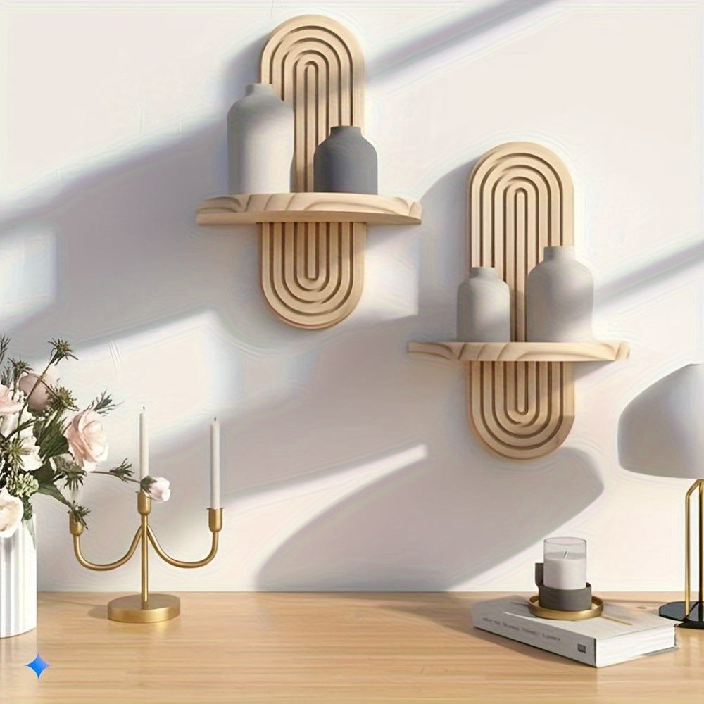2pcs Bohemian Wooden Wall Shelves - Minimalist Scandinavian Style Floating Shelves with Natural Wood Finish