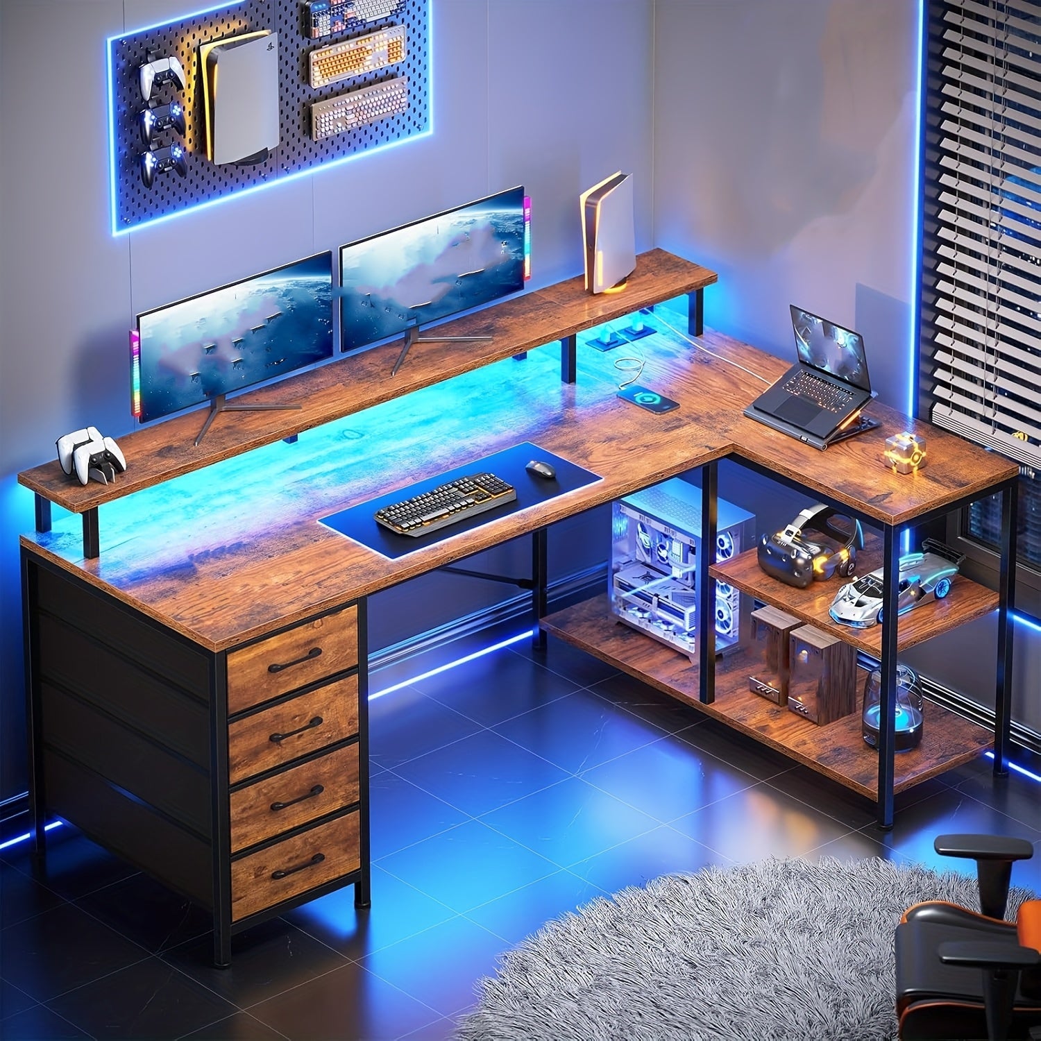 L-Shaped Workstation Featuring Four Drawers, Storage Shelves, And LED Lighting, Suitable for a Home Office