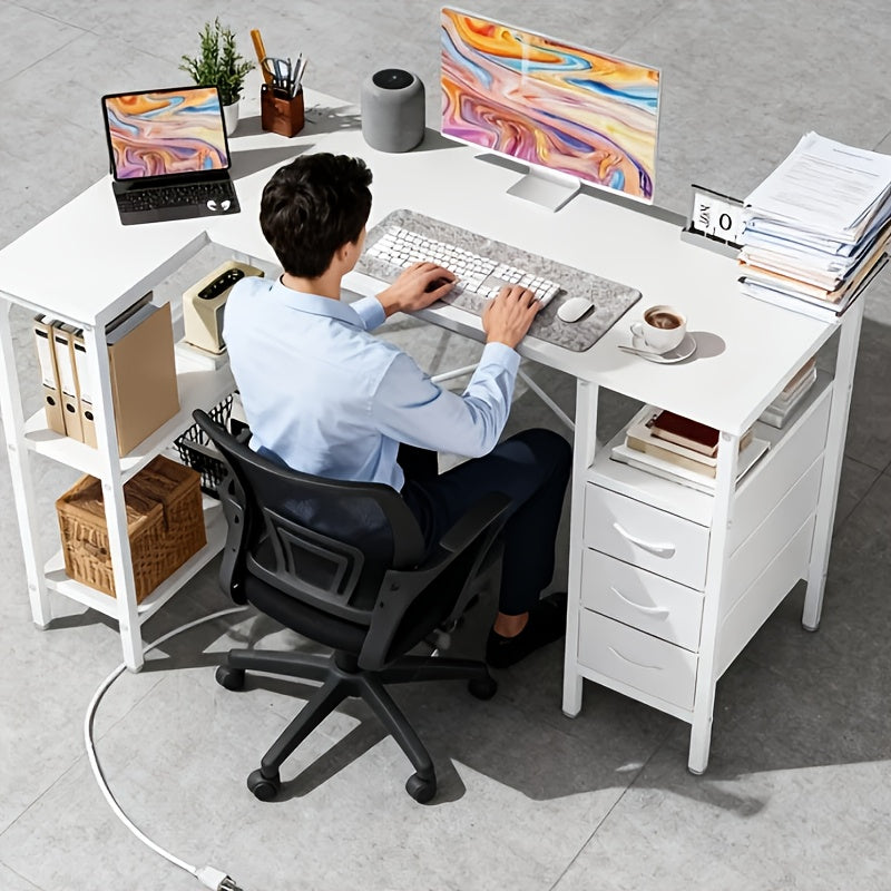 3 Cloth Drawer L-shaped Corner Desk with Power Supply Home Office  Industrial Style Table Multi-layer Storage Rack Space-saving Design