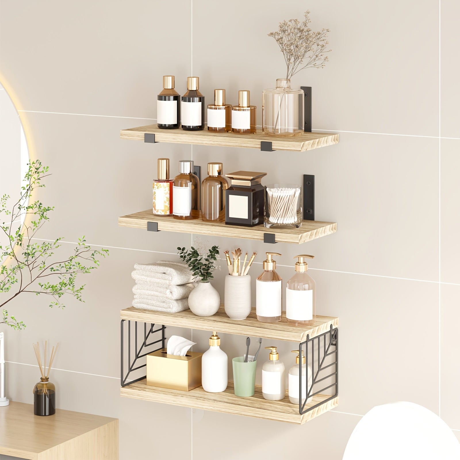 TOMNK 3+1 Tier Bathroom Floating Shelves Over Toilet, Farmhouse Rustic Wood Shelves