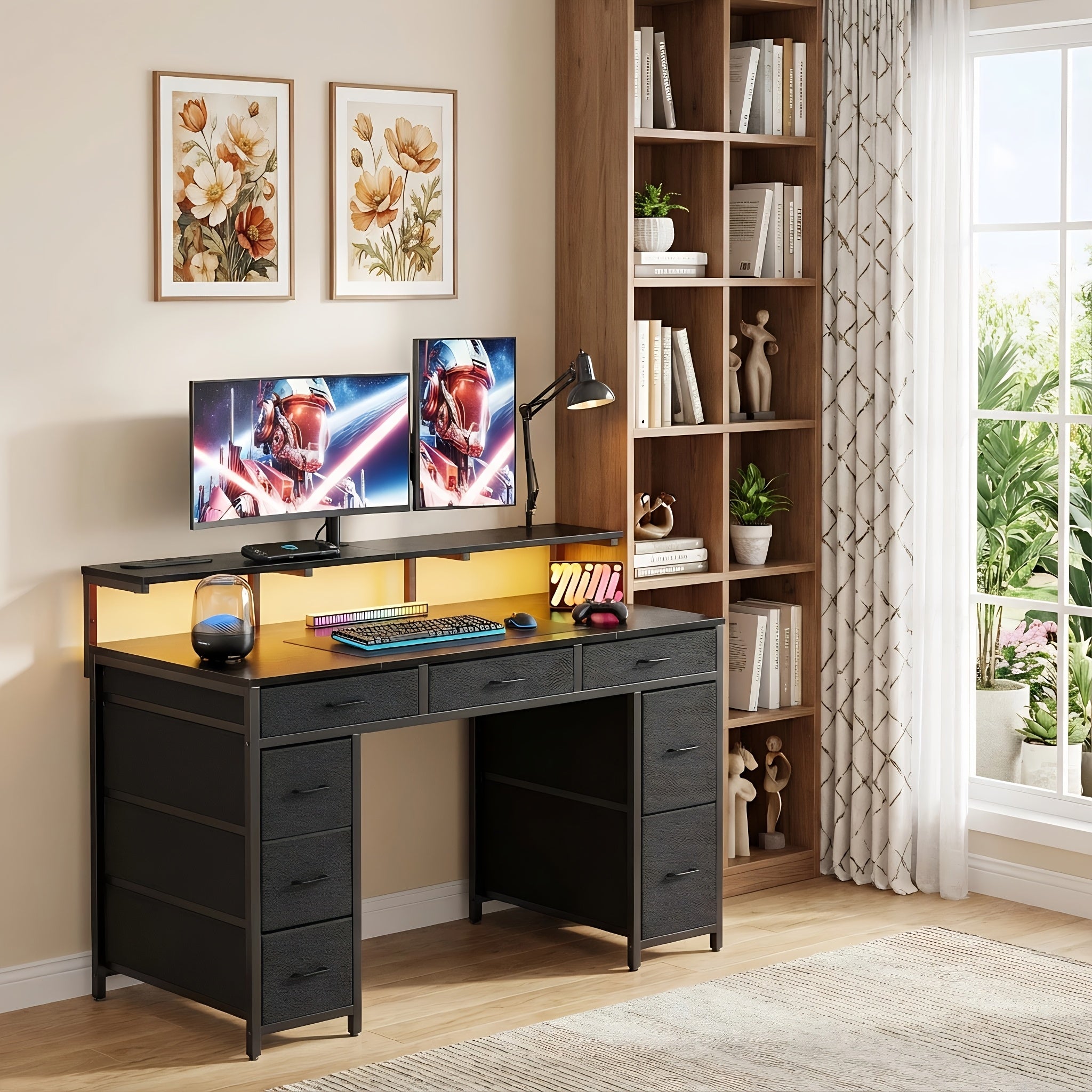 47-inch Modern Computer Desk with 8-Drawer Storage, Gaming Desk w