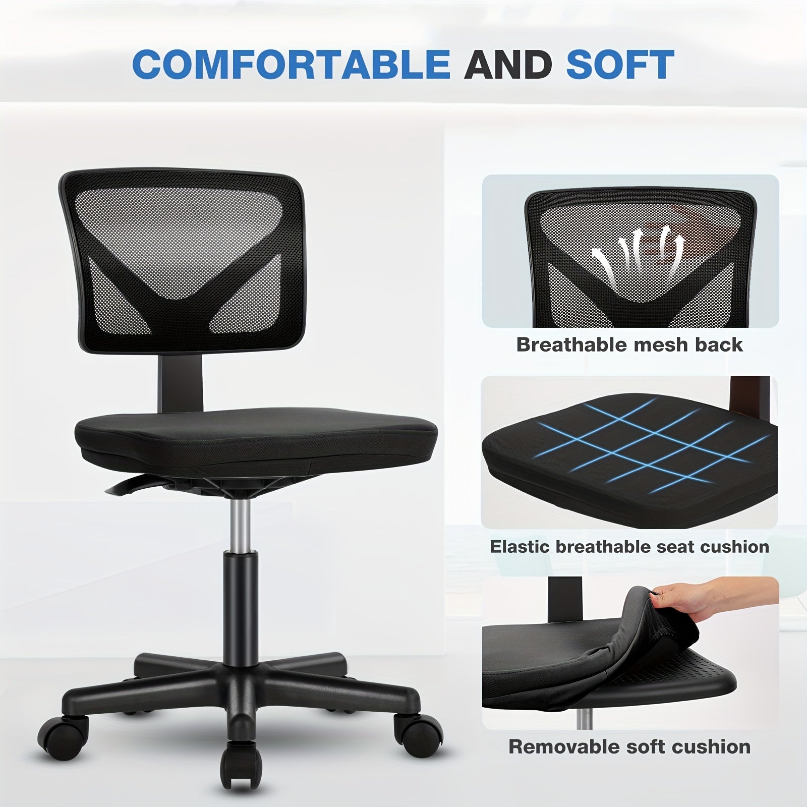 Armless Office Chair, Swivel Rolling Armless Computer Chair with Lumbar Support - Perfect for Home Office