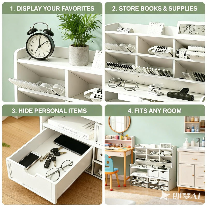 6-Tier Desktop Organizer with Tilting Pen Holder & Raised Bookshelf - Heavy-Duty PVC