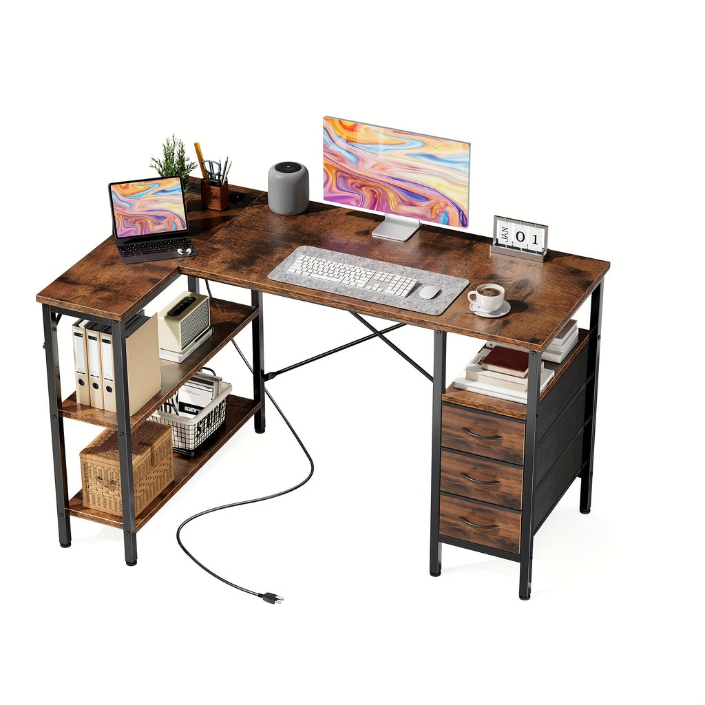 3 Cloth Drawer L-shaped Corner Desk with Power Supply Home Office  Industrial Style Table Multi-layer Storage Rack Space-saving Design
