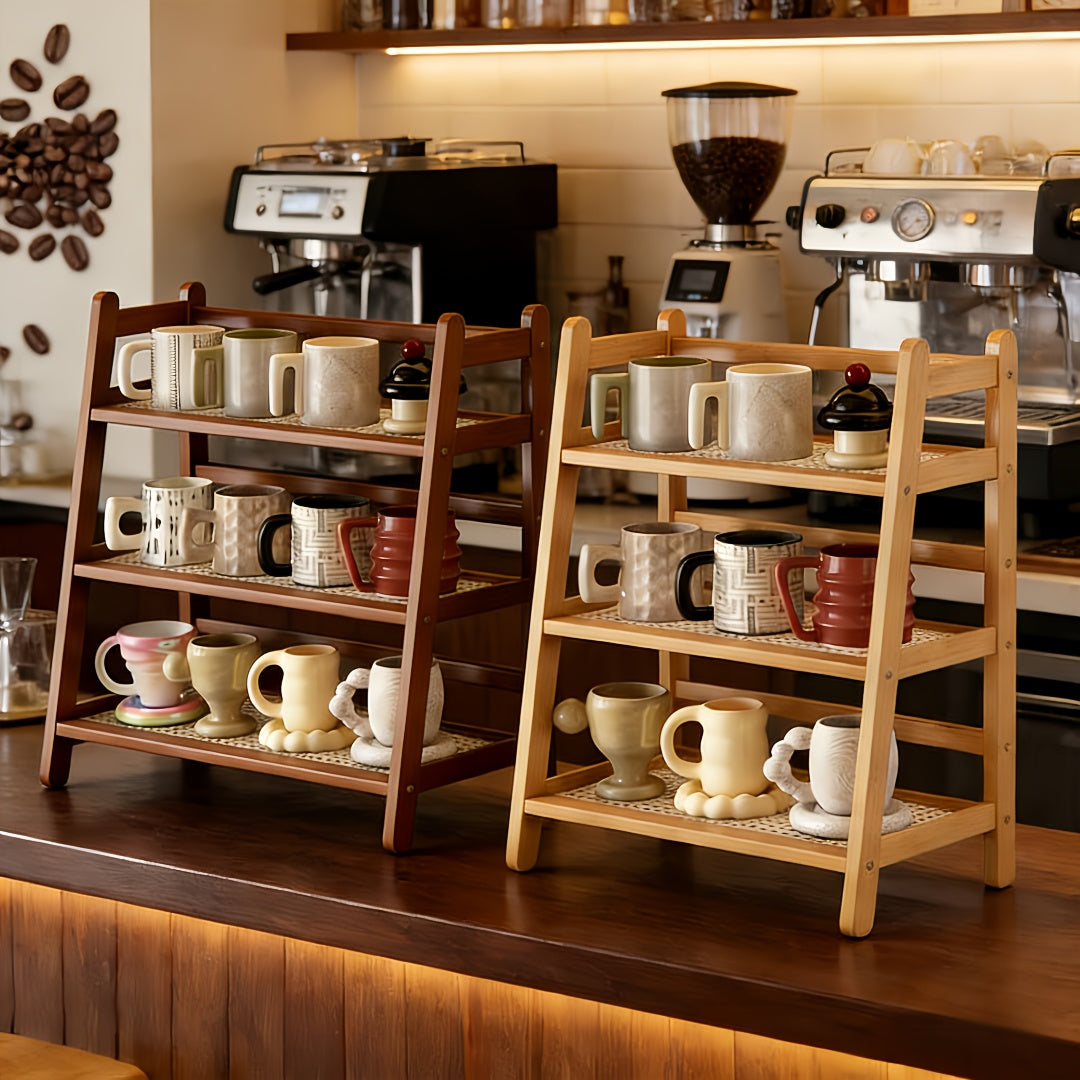 2\u002F3Tier Bamboo Countertop Organizer, Vintage Cream&Bohemian Style Trapezoidal Storage Rack