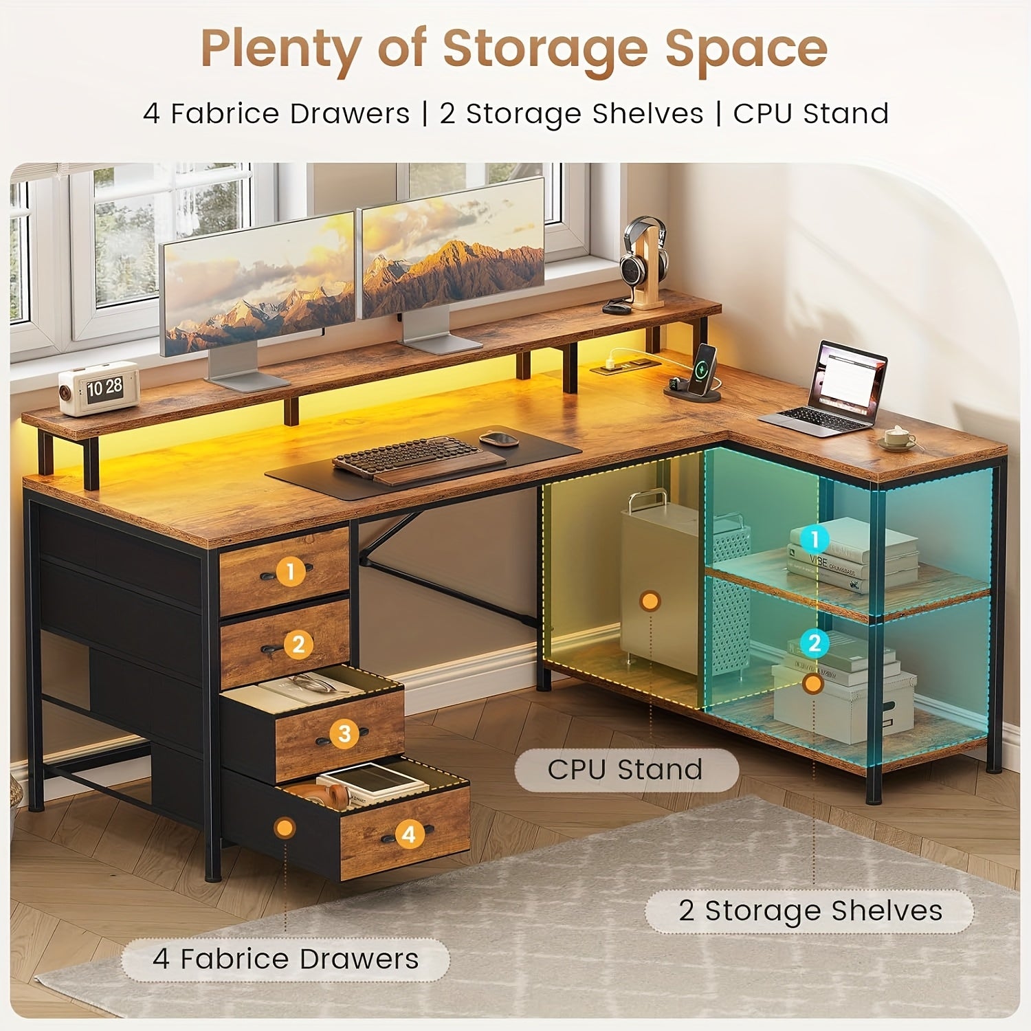 L-Shaped Workstation Featuring Four Drawers, Storage Shelves, And LED Lighting, Suitable for a Home Office