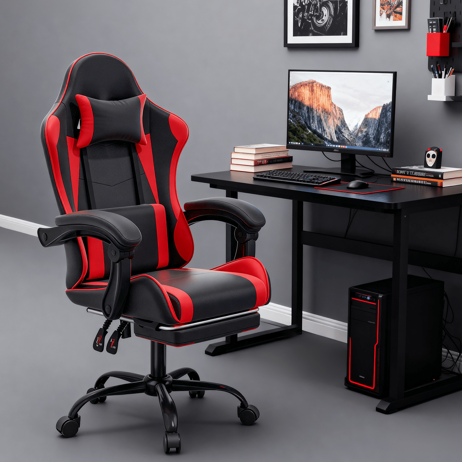 Ergonomic Gaming Chair with Retractable Footrest & Detachable Lumbar Support 360